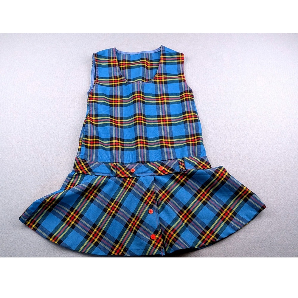 Vintage Kids Blue Plaid Jumper Dress Sleeveless Drop Waist Uniform Tartan 0040